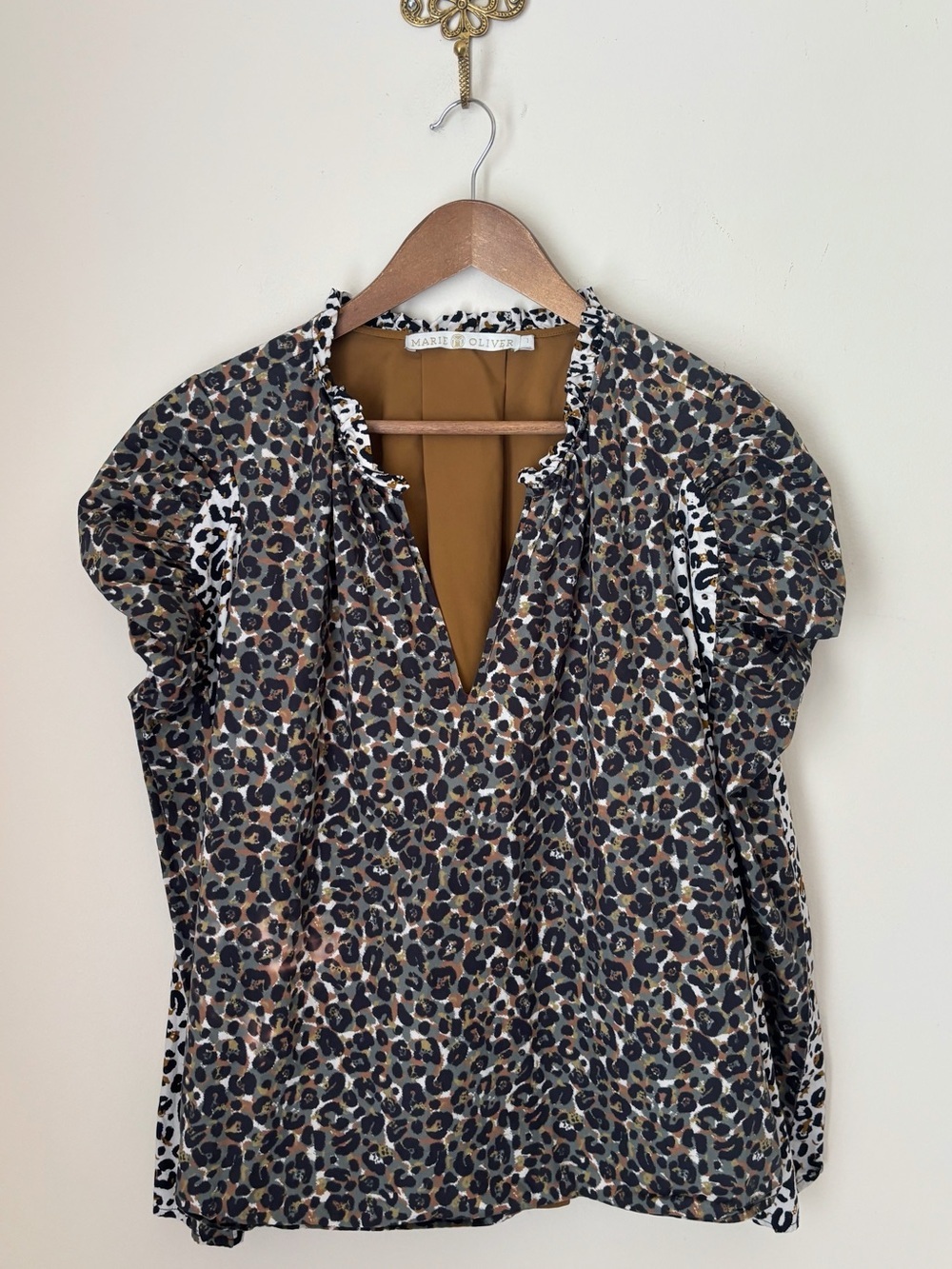 Marie Oliver Leopard Print Cotton Poplin Puff Sleeve Top Large Luxe Maximalist